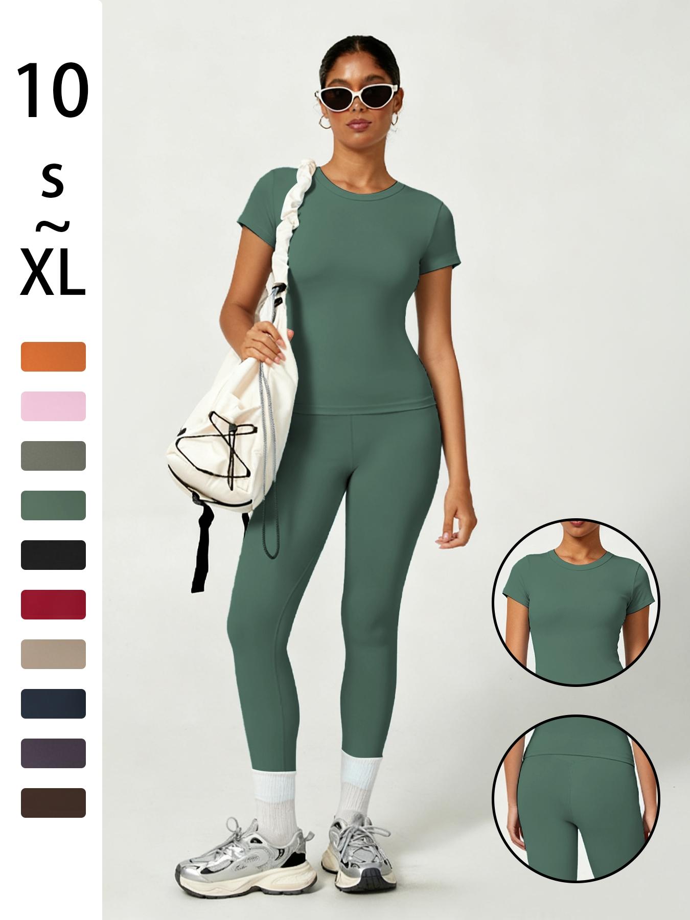 Women's Sporty Yoga Set, Soft Breathable Short-Sleeve Top & Skinny Elastic Pants, Sportswear for Fitness, Running and Outdoor Activities