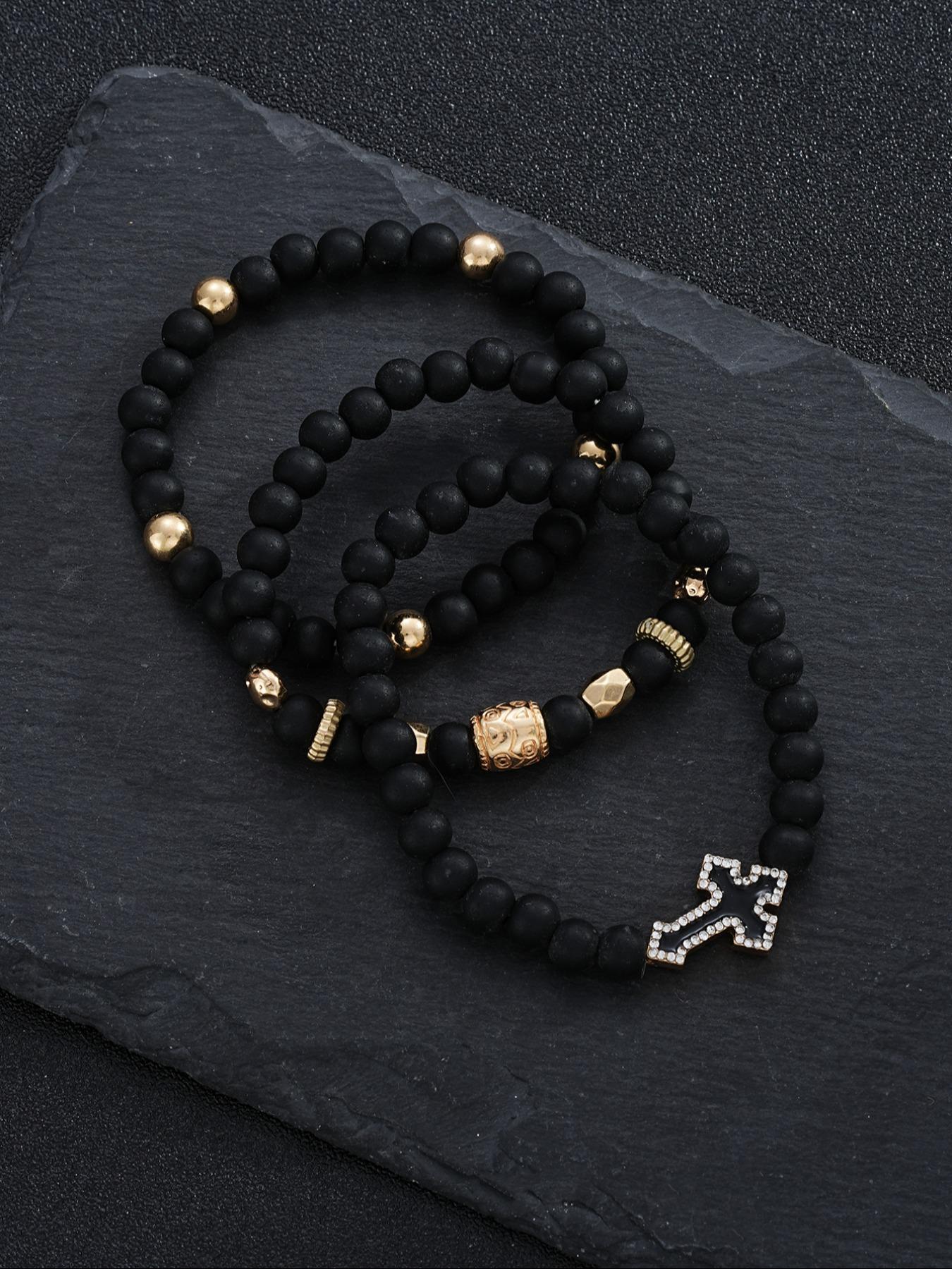 Men's Vintage Cross Beaded Bracelet, Word Bracelets, Fashion Jewelry for Party, Daily Clothing Decor, Trendy All-match & Exquisite Jewelry for Birthday Gift, Elegant Jewelry Bracelet, Bangles Bracelets Set