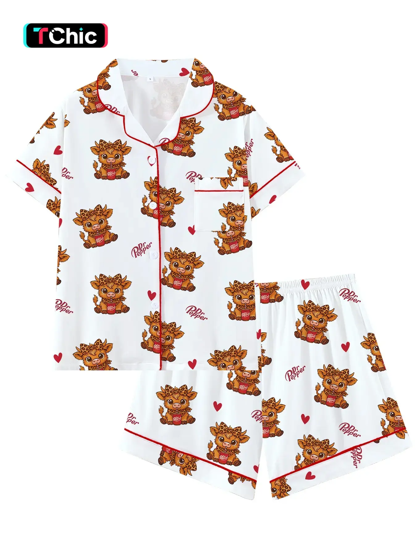 Teen Girls Cute Leopard cow  dr Pepper Pattern Short Sleeve Sleepwear Set, Loose Fitting Sleepwear, Cartoon Print Loose Soft Pajama Outfit, Loose Fit All Season Comfortable Pajamas, Perfect Gift Idea
