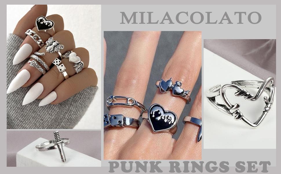 49PCS Vintage Silver Punk Rings Knuckle Rings Set for Men Women Snake Cross Flower Chunky Rings Open Adjustable Goth Punk Hip Hop Cool Midi Stackable Rings Pack