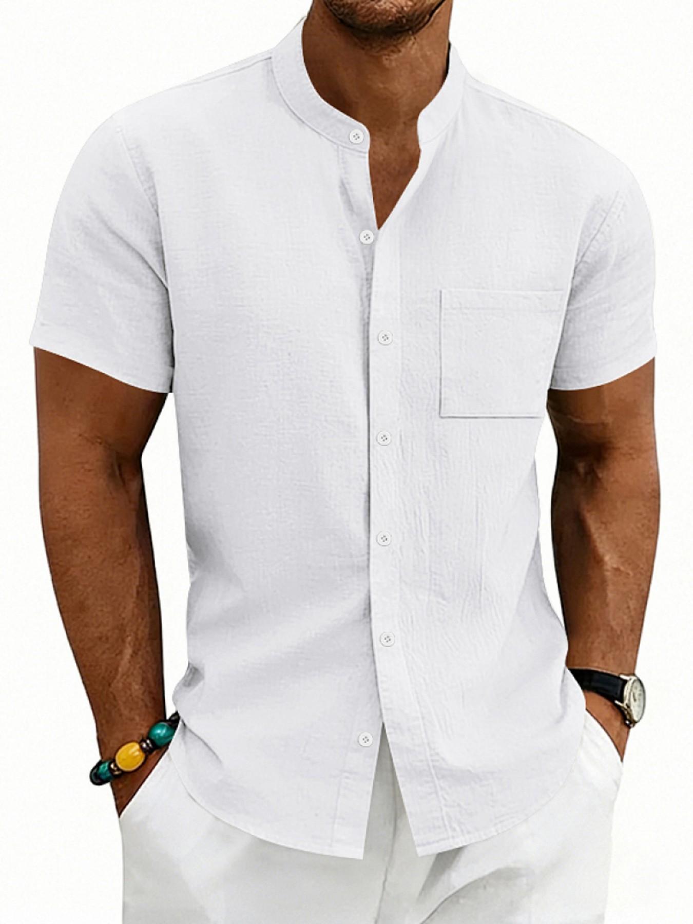 Men's Hawaiian Style Linen Short Sleeve Shirt, Casual Stand Collar Summer Top, Retro Design for Men, Comfortable and Stylish