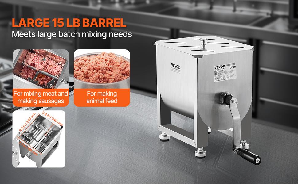 VEVOR Manual Meat Mixer, 15L Fixed Tank Meat Processing Equipment(Mixing Maximum 15LBS for Meat), Stainless Steel Meat Mixer, Sausage Mixer Machine with Lid and Handle, Ground Beef Hand Mixer