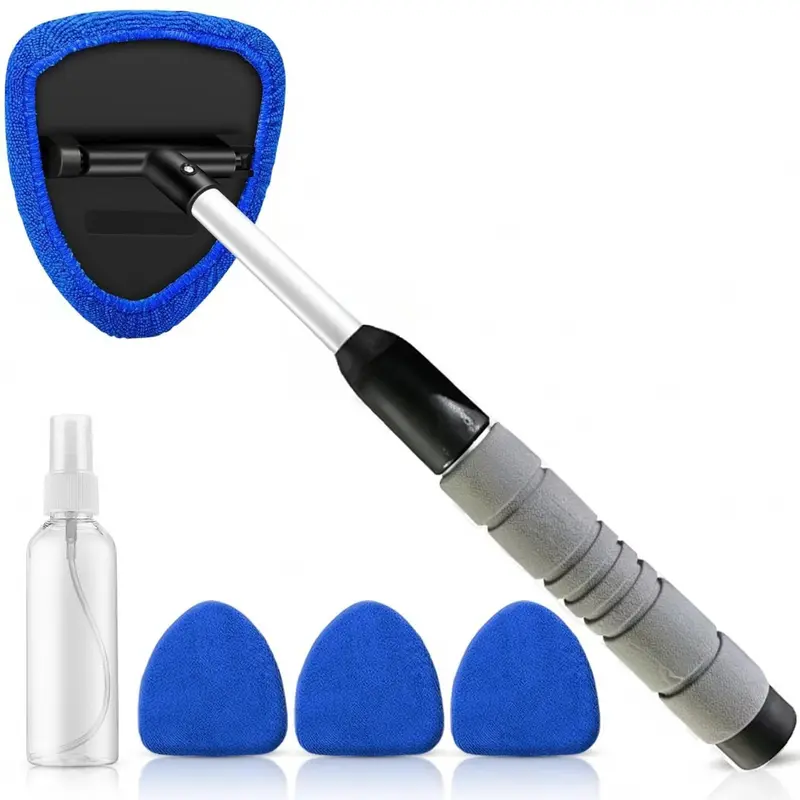 Car Windshield Cleaner Tool, Car Interior Detailing Cleaning Kit with Extendable Handle and 4 High-Density Reusable Microfiber Pads, Car Detailing Supplies, Automotive Detailing Product, Auto Detailing Products