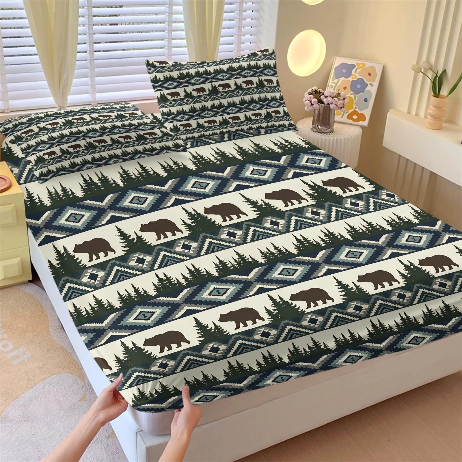 3Pcs Western Aztec Cow Print Fitted Sheet Set with 2 Pillowcases, Southwestern Turquoise Geometric Deep Pocket Elastic Mattress Cover, Boho Cowhide Tribal Bedding, Soft Microfiber Non-slip Bedspread, Printed Bedding Set for Bedroom Decor Bedset