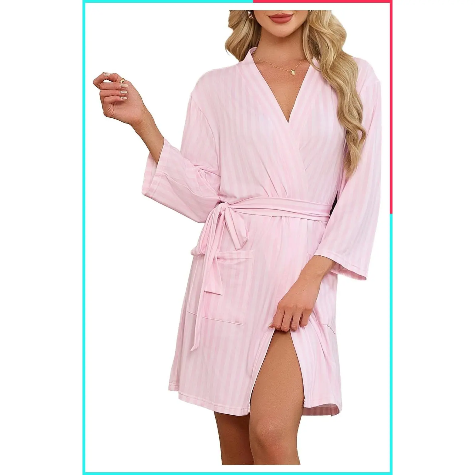Women's Striped Lightweight Short Kimono Bathrobe with Pockets, 3/4 Sleeve Soft Stretchy Spa Robe, Summer Sleepwear for Travel Home Party