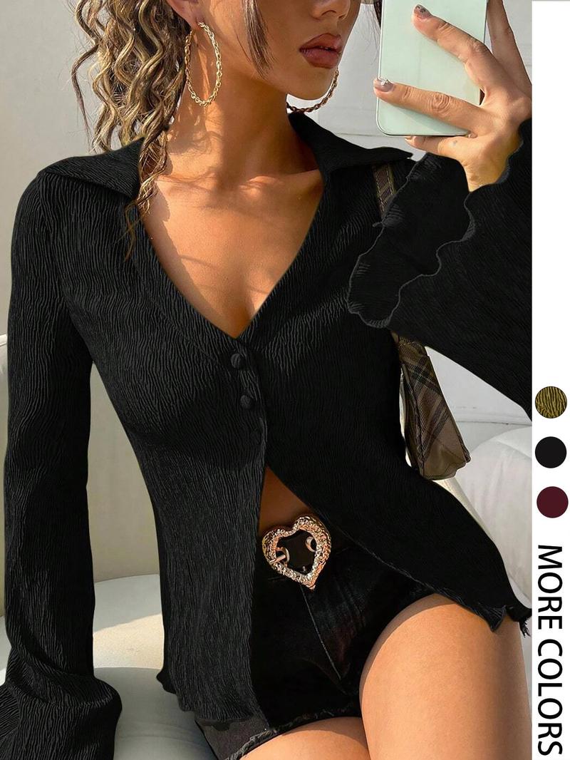 Women's Solid Color Bell Sleeve Blouses, Casual Elegant Long Sleeve Top for Daily Wear, Ladies Clothes for All Seasons