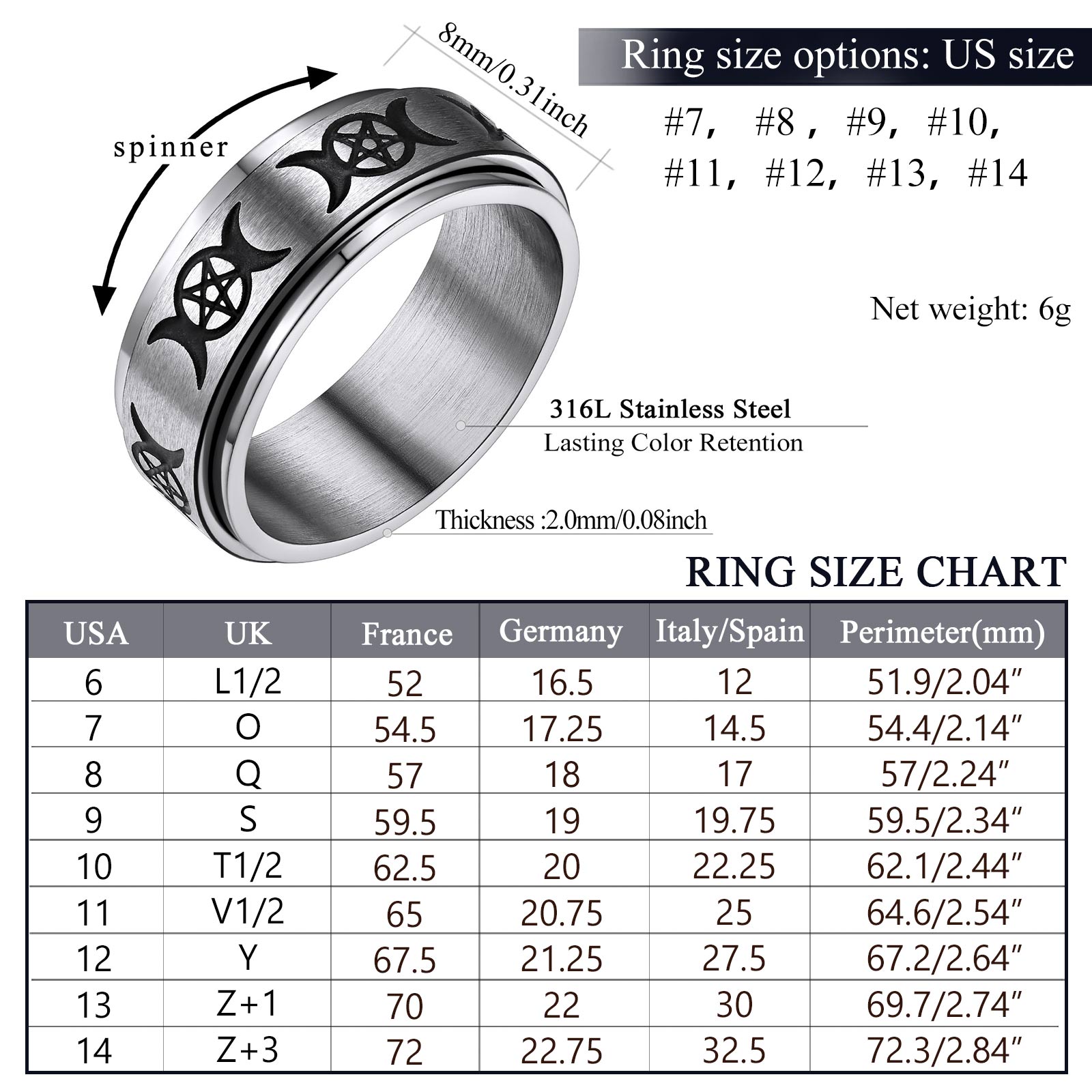 FaithHeart Stainless Steel Spinner Band Rings Triple Moon Rotatable Anxiety Ring FaithHeart Stainless Steel Spinner Band Rings Triple Moon Rotatable Anxiety Ring