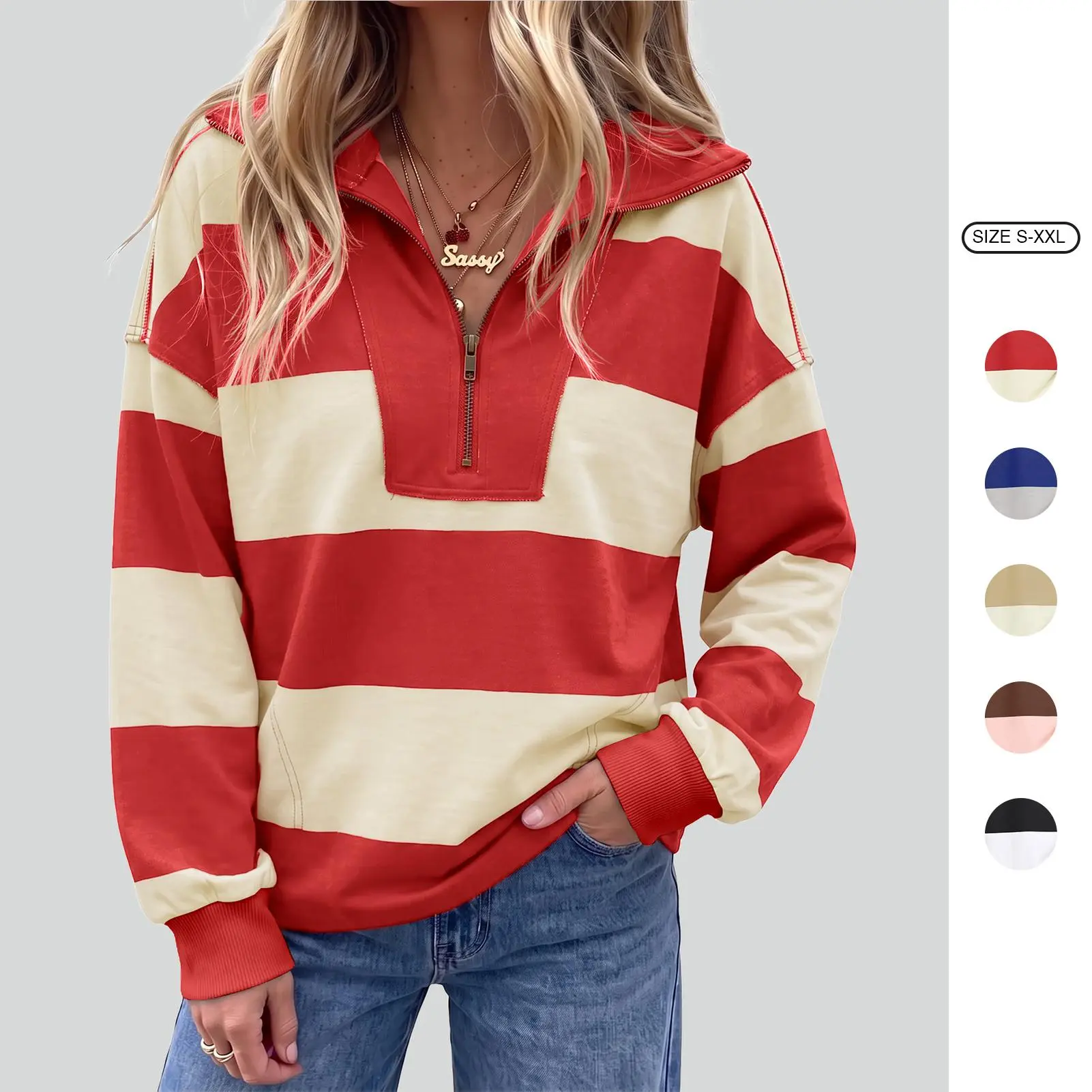Imily Bela Women's Oversized Striped Half Zip Sweatshirt Casual Long Sleeve Pullover with Pockets Imily Bela Women's Oversized Striped Half Zip Sweatshirt Casual Long Sleeve Pullover with Pockets