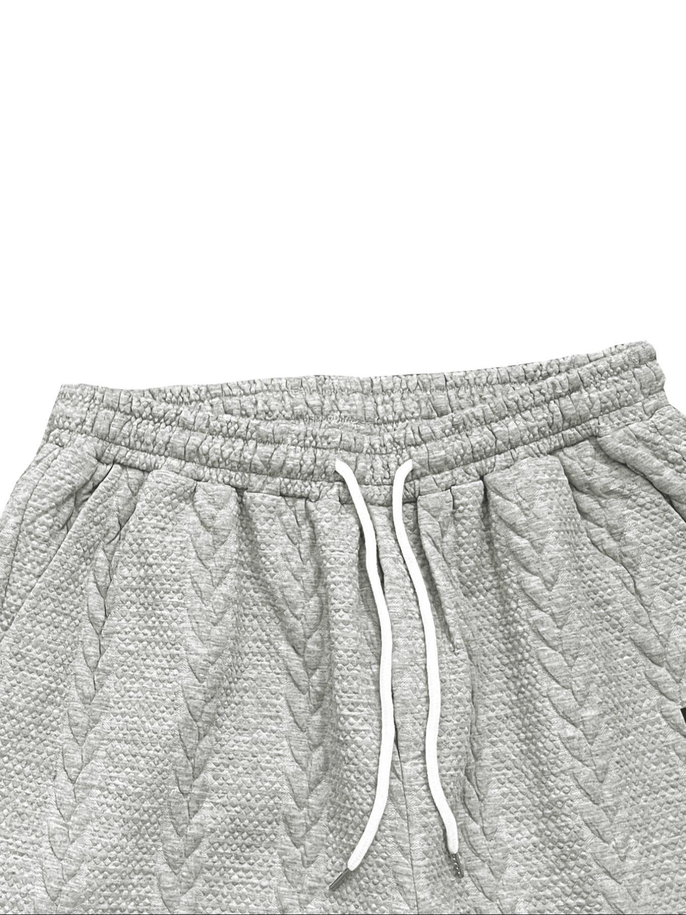 Men's Solid Textured Patched Tee & Drawstring Waist Shorts Set, Regular Fit Casual Round Neck Short Sleeve T-shirt & Pocket Shorts, Men's Summer Clothes