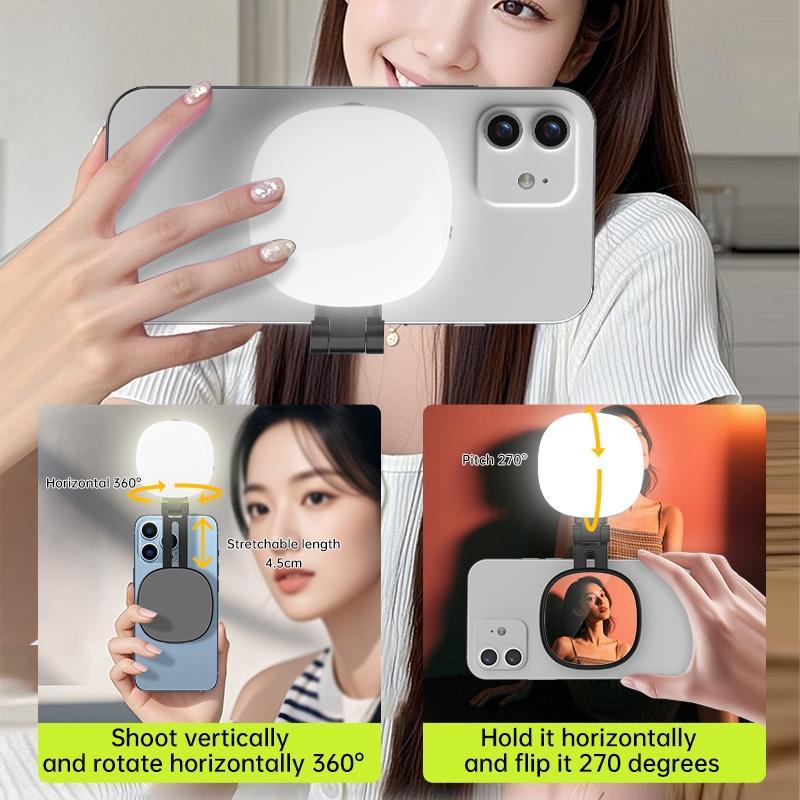 Magnetic Selfie Light for Phone with Mirror, Retractable Foldable Pocket Size Portable Mini Ring Light for Phone, Dimmable Fill LED Phone Light, Selfie Led Lights for Video Recording/Live Streaming/Makeup/Vlog