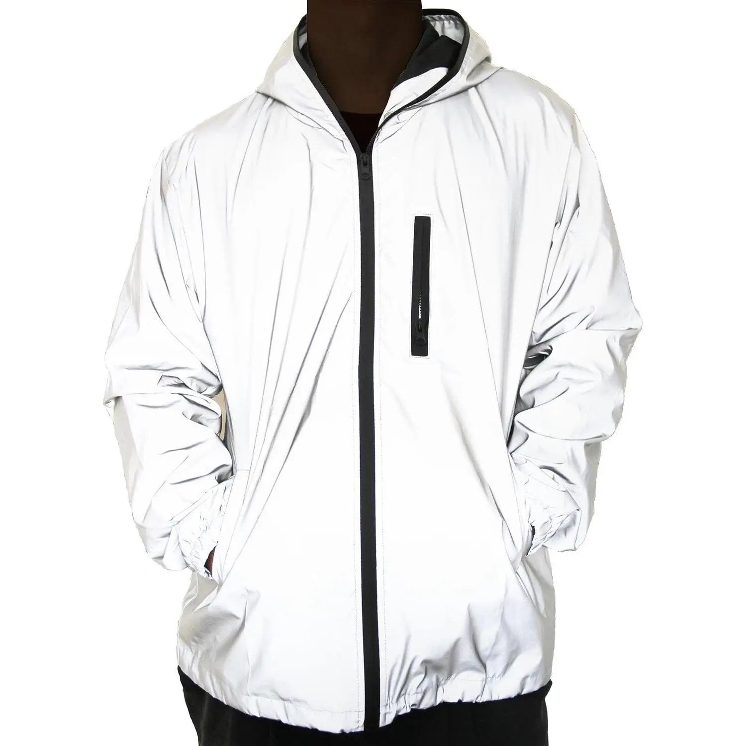 Men Reflective Coat Hooded Windbreaker Running Pocket Jacket | Holographic reflective Fabric, 360 high visibility, full zip, multi-pocket design, for rave, festival, party, night sport
