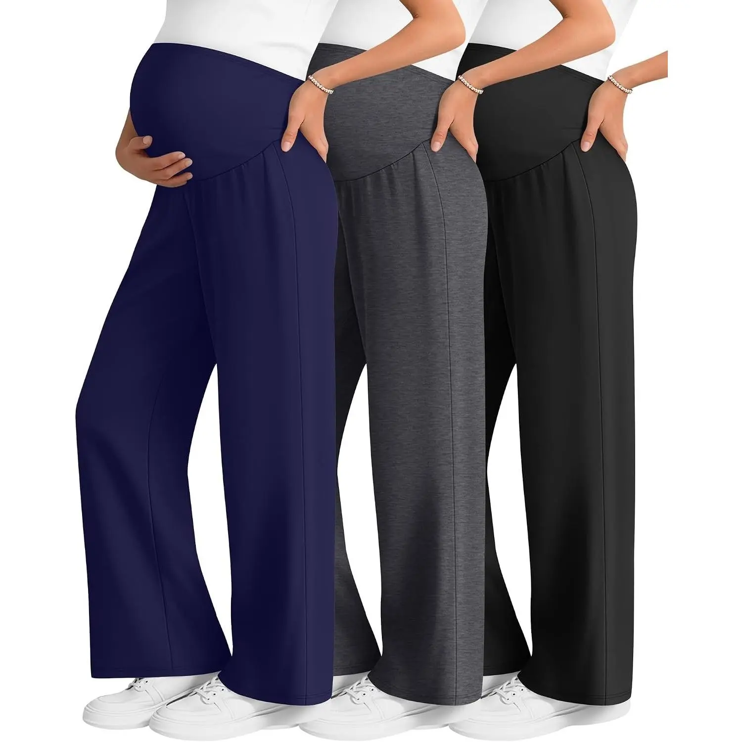 3 Pack Women's Maternity Lounge Pants | Wide Leg, Over The Belly, Pregnancy Pajama Pants, Loose, Casual Trousers, Soft, Stretchy, Pull On, Yoga