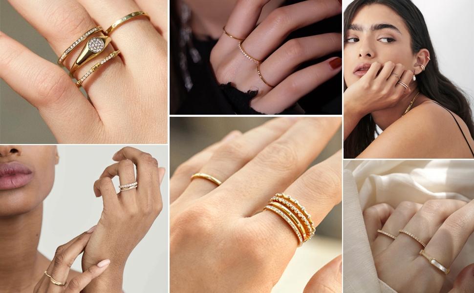 Gold Plated Rings for Women Non Tarnish Stackable Cubic Zirconia Rings Dainty Pinky Ring Set Size 5 to 10