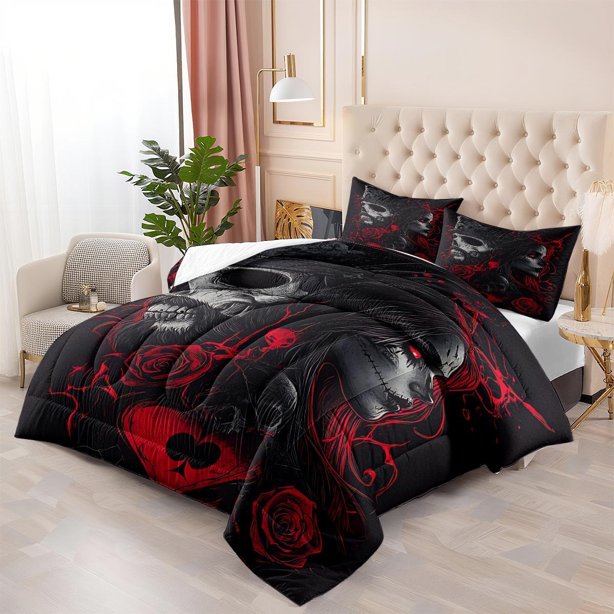 Gothic Skull and Rose Comforter Set, Dark Military Style Bedding Set with Haunting Woman Design, Cozy and Stylish Quilted Decorative Duvet Cover for a Unique Bedroom Makeover, Includes 1 quilt, with 1 or 2 Pillowcase No Pillow Core