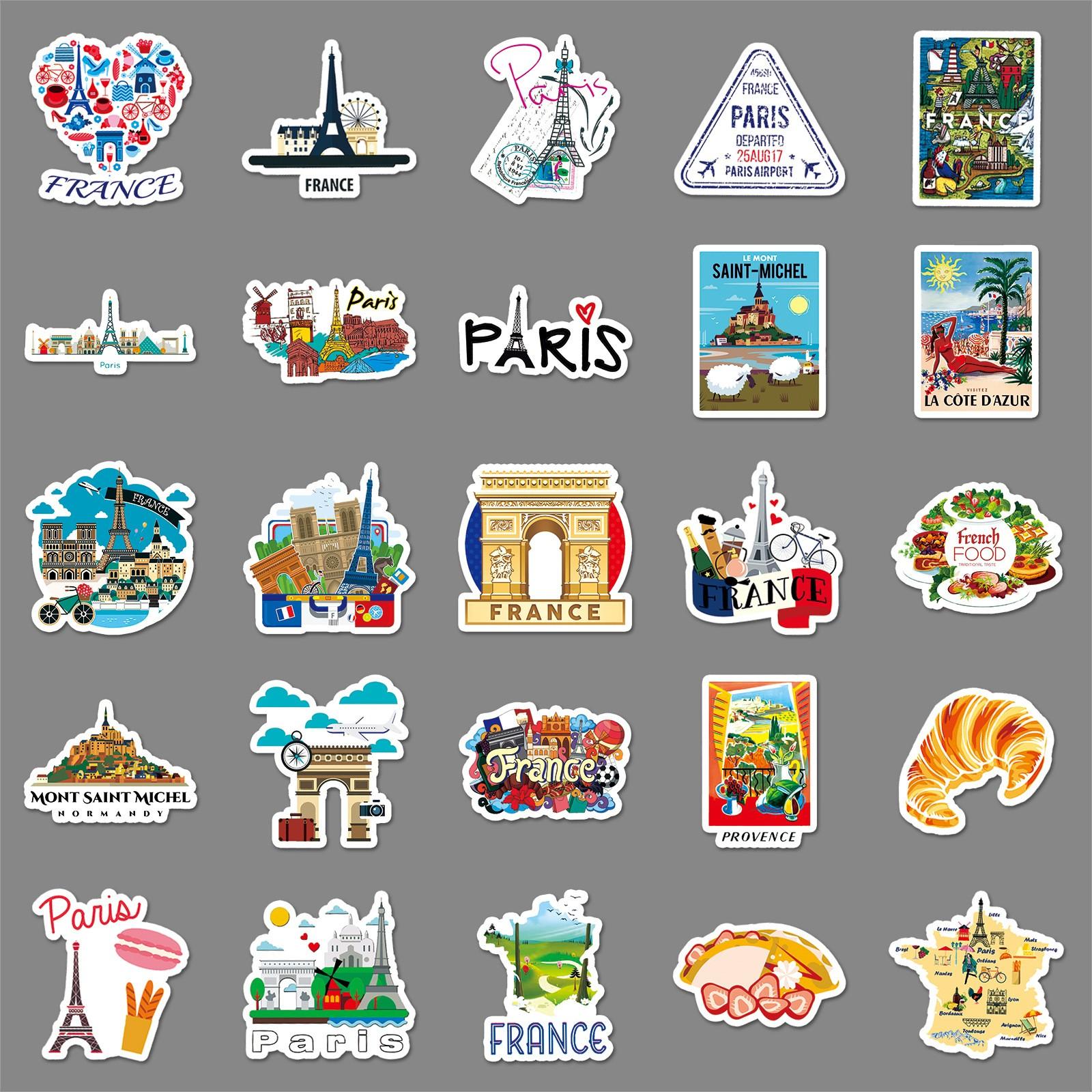 50pcs France Travel Stickers, Paris Landmark Waterproof Vinyl Decals, French City Travel Stickers for Laptop, Water Bottle, Luggage, Europe Travel Gift Pack
