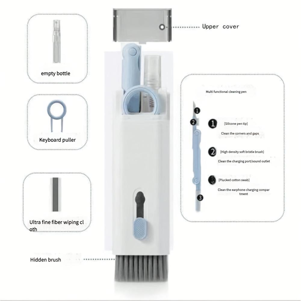 7pcs Cleaning Kit - Includes Keyboard Cleaner, Multi-Function Brush Set, Wireless Earphone Cleaner, Phone Screen Dust Remover, and Keycap Removal Tool - ABS Material, Keyboard Cleaning Accessories | Modern Cleaning Tools | Durable Cleaning Supplies