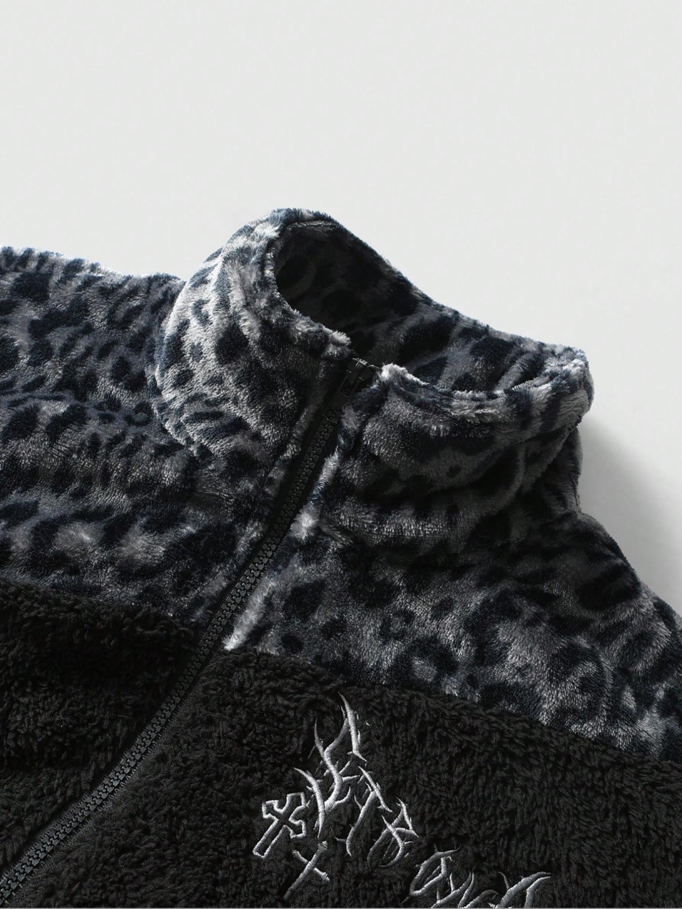 Unisex style, Y2K-inspired, street-style leopard print color-blocked Patchwork fleece-lined winter jacket, suitable for streetwear, Y2K fashion, high-street culture, men's gift, couple's outfit, trendy fashion