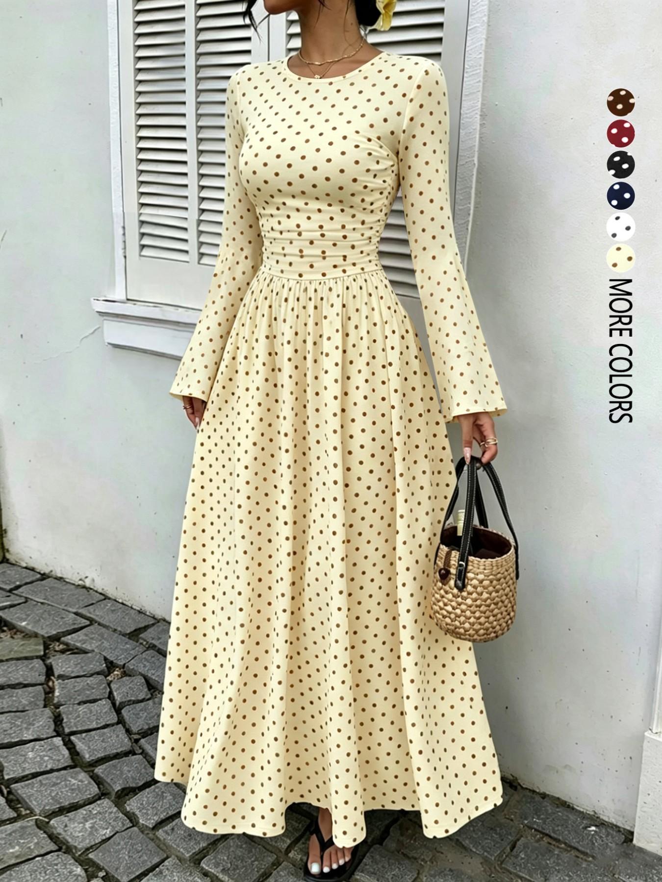 Women's Polka-Dot Fitted Long-Sleeve Maxi Dress with Flared Sleeves and Ruched Waist, Casual Dress for Daily Wear, Dates and Commuting, Brunch Dresses, Everyday