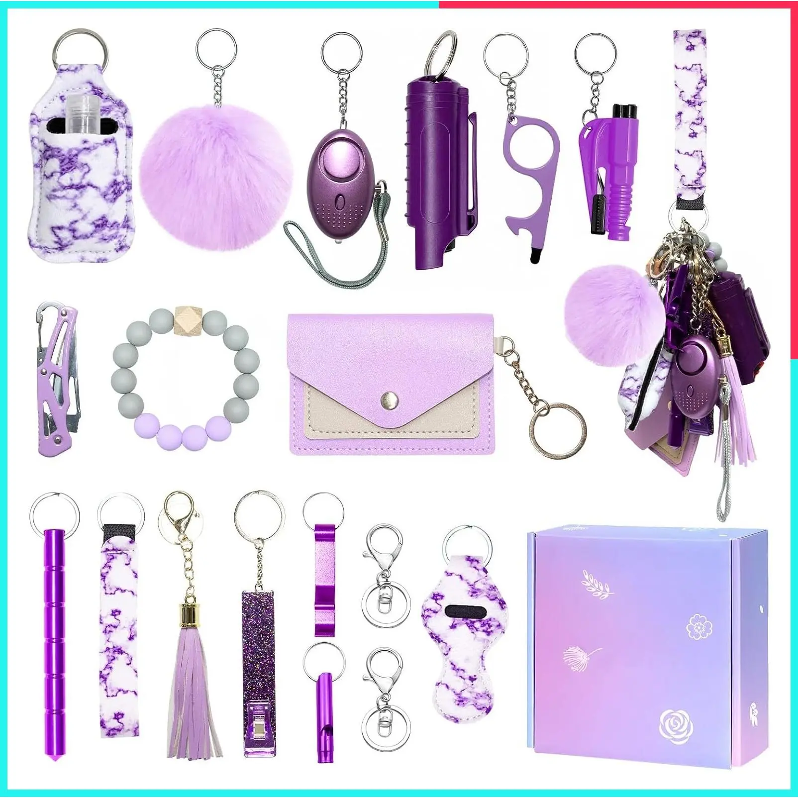 Keychain Accessories Set for Women with Bottle Opener, Card Holder, Whistle, Wristlet Strap & Bracelet Keychains