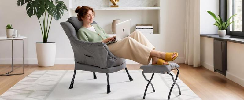 Lazy Chair with Foldable Ottoman, Modern Comfy Lounge Chair, Large Sofa Armchair with Footrest and a Side Pocket, Leisure Reading Chair with Footstool for Bedroom, Living Room, Dorm