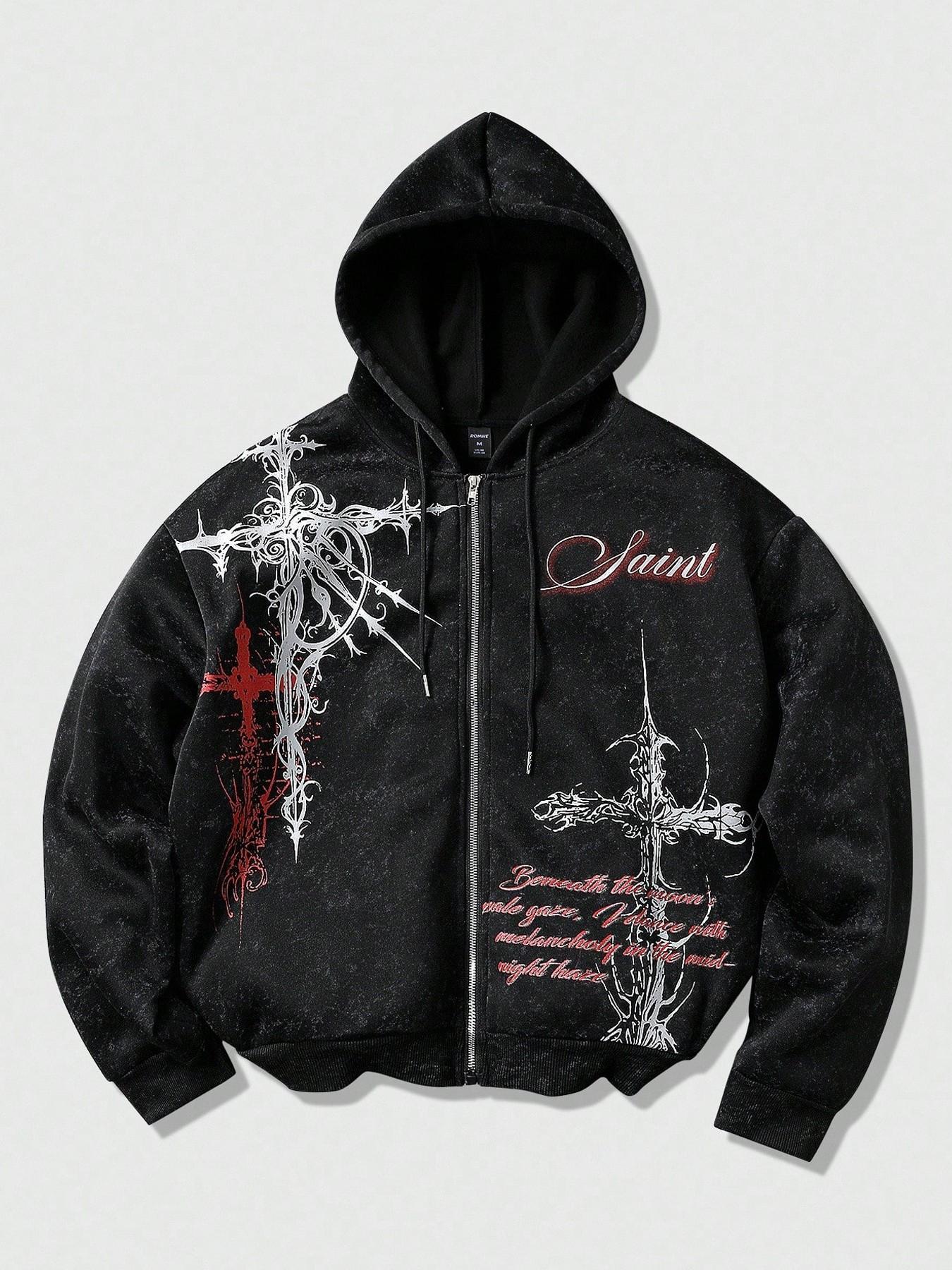 Men's Gothic Cross Print Zip Hoodie, Trendy Streetwear for All Seasons, Soft Comfortable Fabric, Perfect for Casual Gatherings
