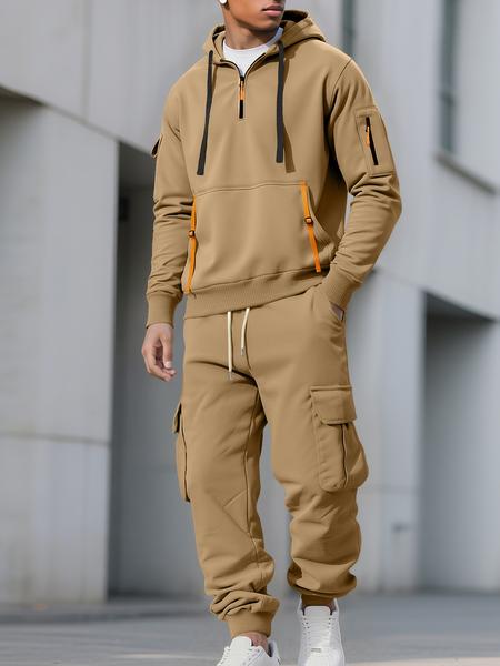Men's Fall & Winter Hooded Casual Tracksuit Set: featuring a zip-front hooded design, cargo pants with multiple pockets, and warm long-sleeve jacket paired with pants. Ideal for cold weather wear.