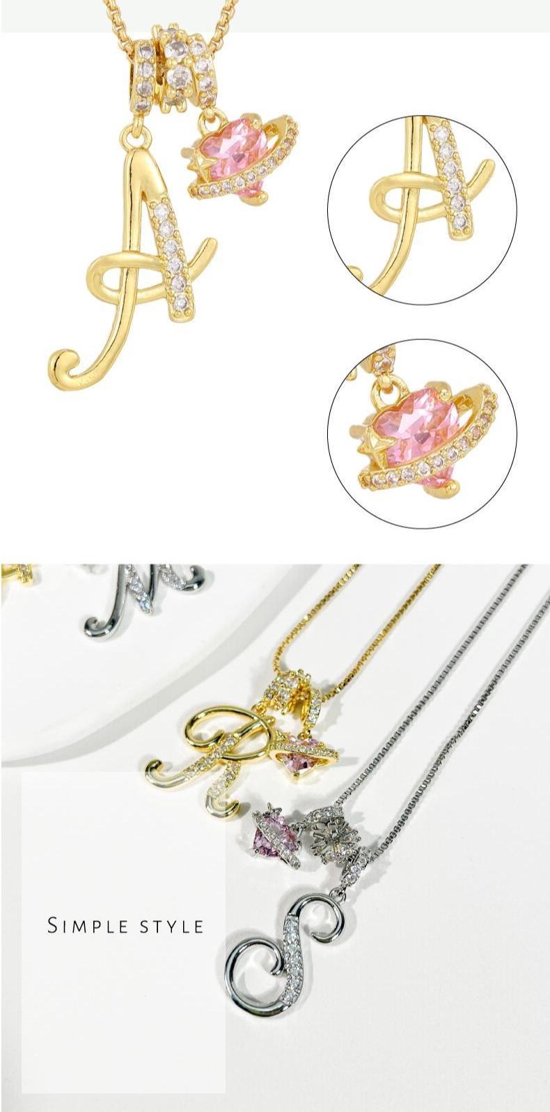Women's 18 Karat Gold Plated Initial Heart Charm Necklace - Pink Cubic Zirconia Letter Pendant, Bling Necklace, Gold Plated Chain, Fashion Costume Jewelry for Anniversary, Black Friday Gift