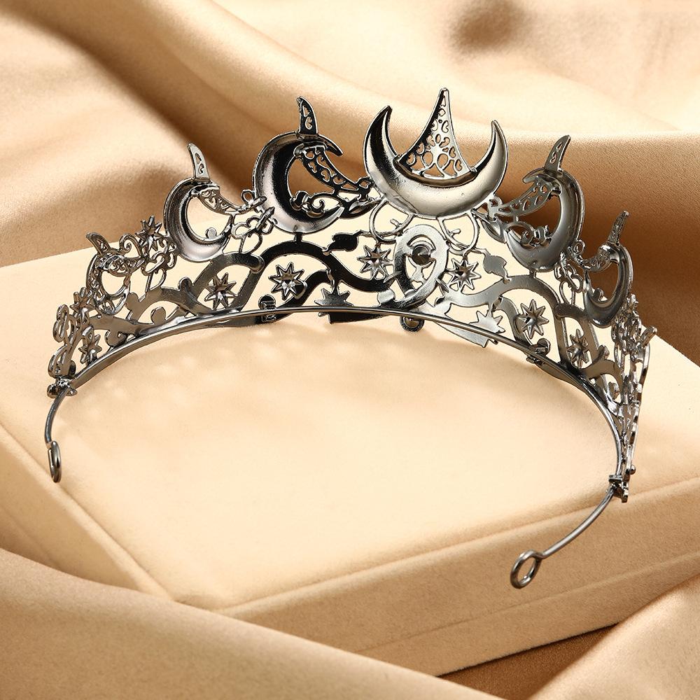 Gothic Moon-Star Rhinestone Crown, Funky Unique Accessories, Unisex Halloween Costume Headpiece for Witch Role Play Party Decoration