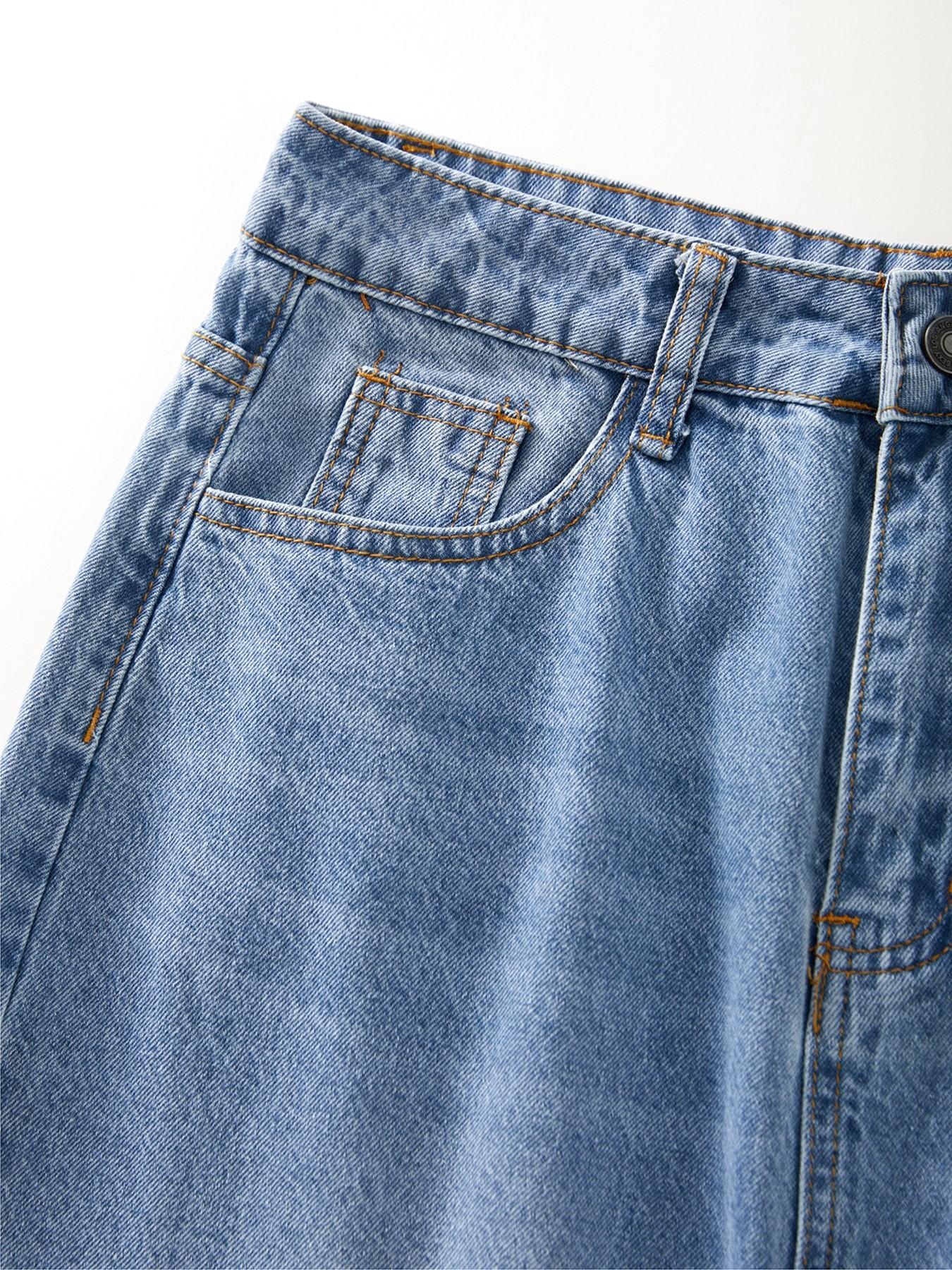 Women's Straight Leg Split Denim Midi Skirt, Basic Fitted Denim Half Skirt, Pocket Design, Slimming Casual Dress for Summer, Slit