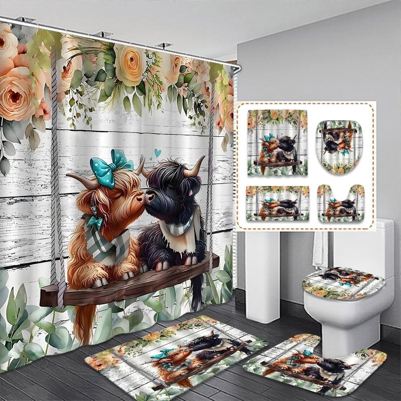 Bathroom Decor Set with Cow & Flower Pattern, Includes Hooks Curtain Toilet Lid Cover Bath Mat Rug, Rustic Style Bathroom Accessories, Shower Curtain Set