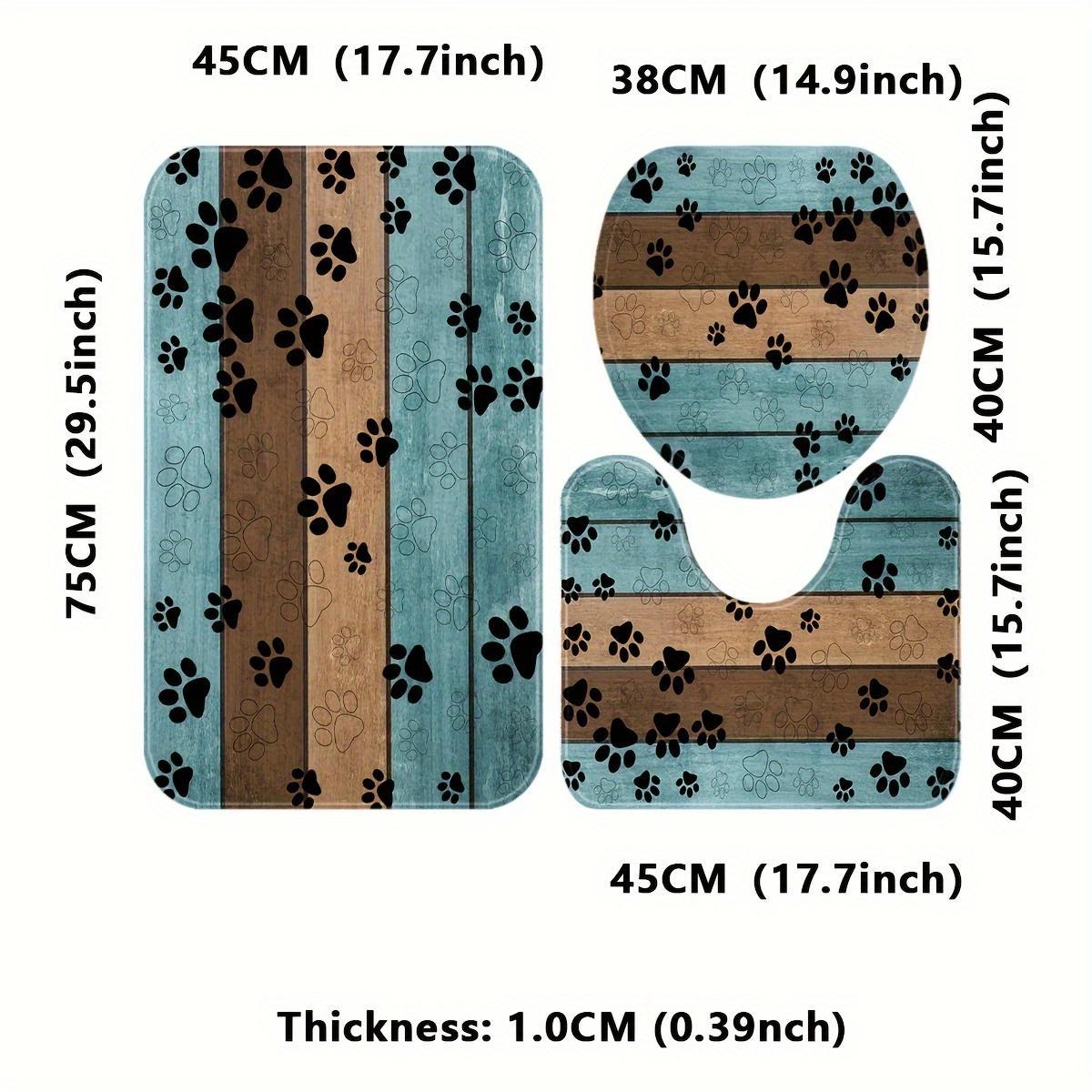 A Set of Three Cartoon Wooden Board Patterned Dog Paw Print Bathroom Toilet Additions, Including a Rectangular Mat, a U-Shaped Foot Pad, And an Oval Toilet Lid Cover. This Combination Set Features Soft And Comfortable Flannel Fabric with Super Absor