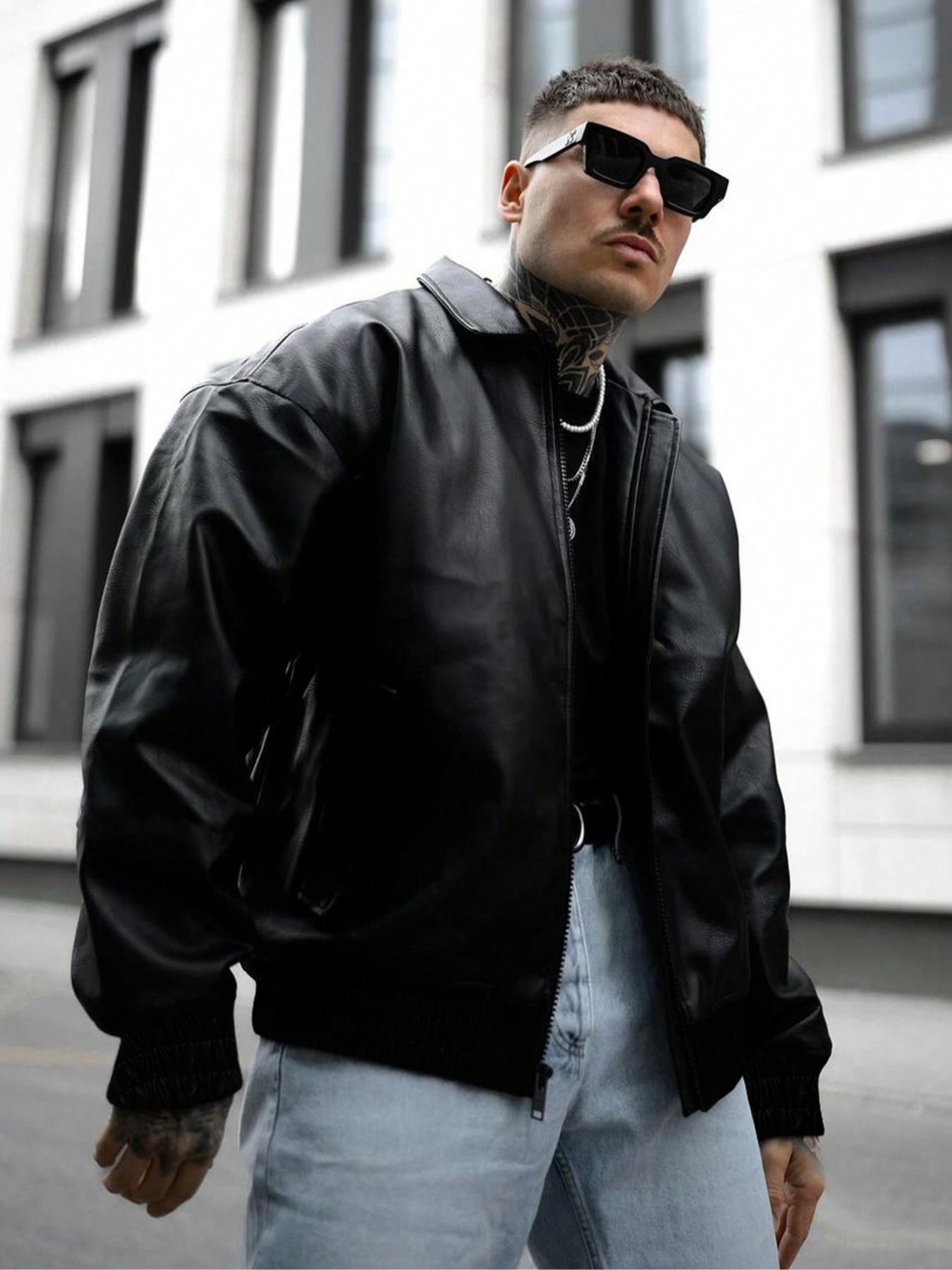 Men's PU Leather Long Sleeve Fitted Jacket with Large Double Pockets, Waterproof Windproof Slim Fit Coat, Casual Fashion for Spring & Fall Seasons