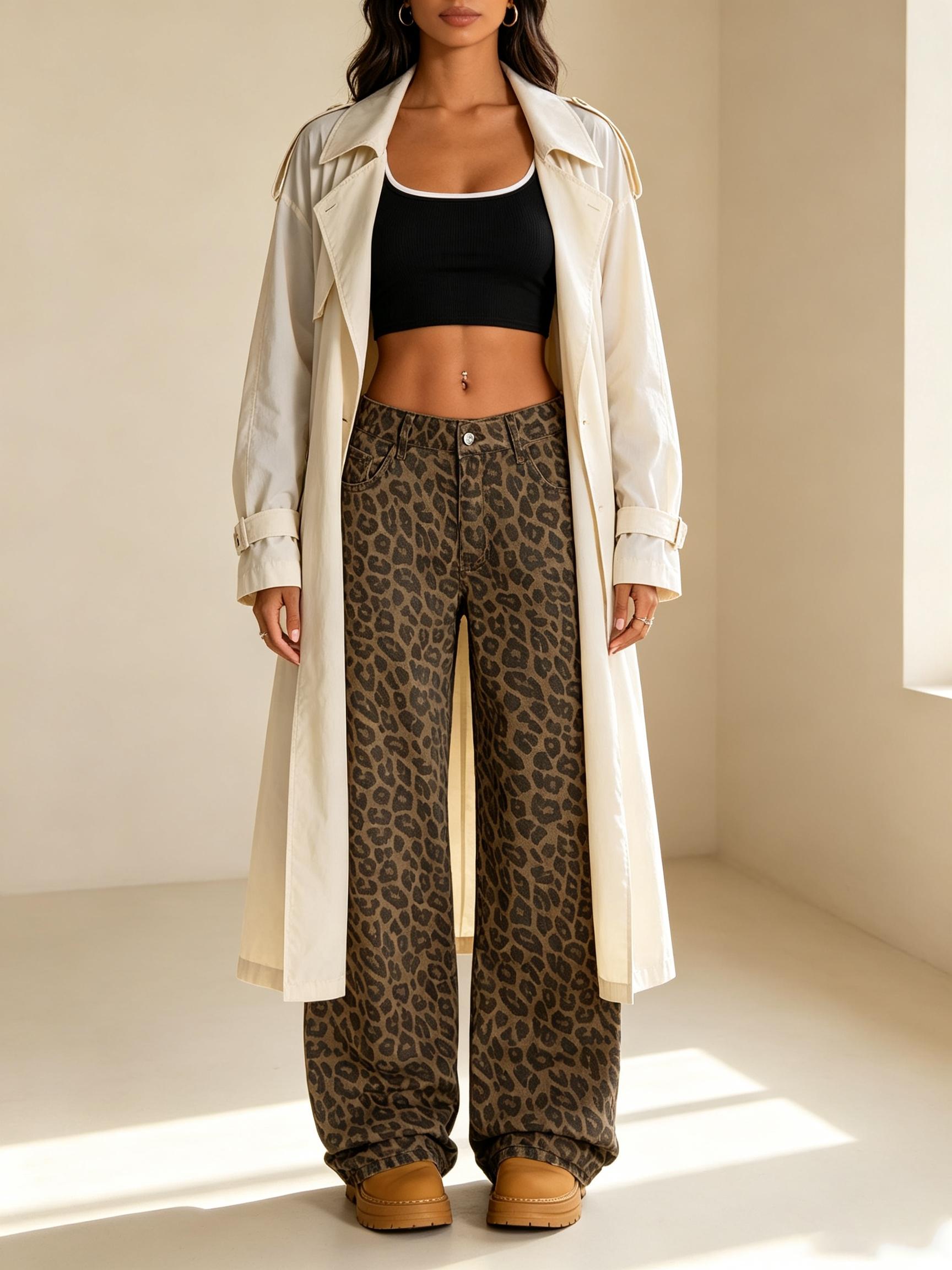 Women's Leopard Print Wide-Leg Oversized Pants, Loose-Fit Elastic Waist Button-Fly Trousers, Casual Trousers, Multiple Colors Available, Boho Style Pants, Bohemian Casual Pants, Casual Fashion Trousers
