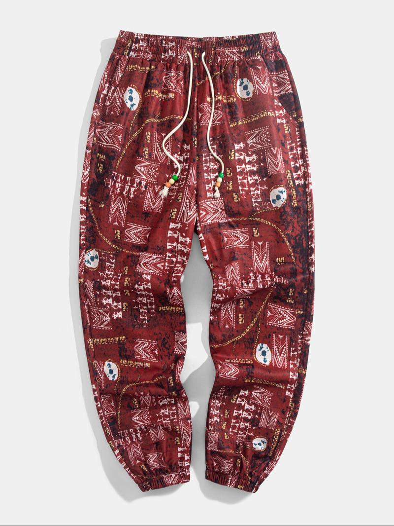 Men's Ethnic Pattern Drawstring Waist Pants, Boho Casual Comfy Trousers for Daily Wear, Men's Bottoms for Summer, Menswear