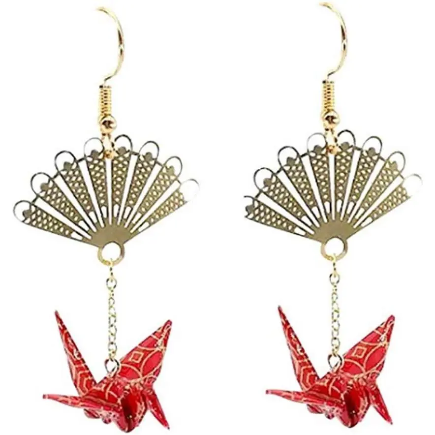 Crane Origami Bird Fan Dangle Cute Pretty Earrings