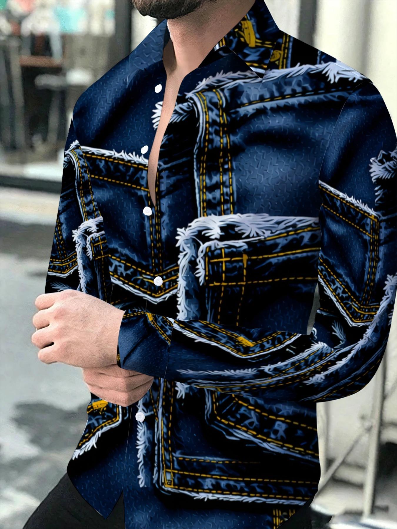 Men's Long Sleeve Casual Collared Shirt, Fashion Trendy Denim Pattern Print Design, Personalized Printed Casual Versatile Top, Casual Fabric Clothing