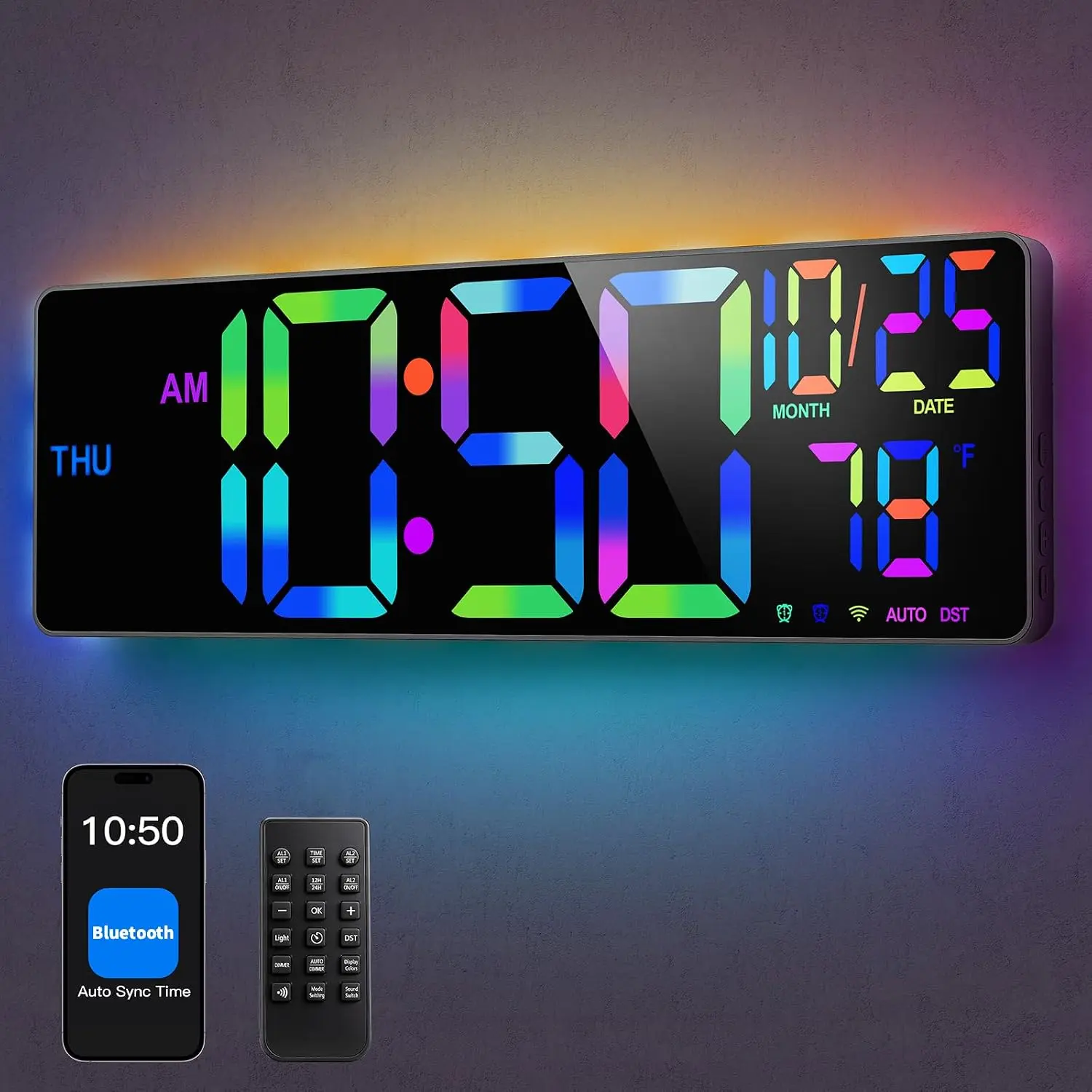 Large Digital Clocks Bluetooth Sync Time,16" Digital Wall Clock Large Display for Classroom,Big Led Wall Clock with RGB Color,Date,Week,Alarm,Temp,for Living Room,Bedroom,Gym,Office
