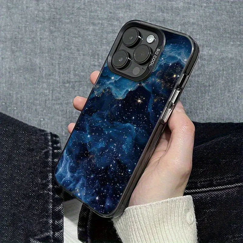 Mirror Deep Blue Galaxy Nebula Starry Phone Case for iPhone 11 12 13 14 15 16 17 Pro Max Plus Mini Cosmic Space Aesthetic Reflective Shockproof Protective Phone Cover