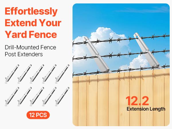 VEVOR Barbed Wire Arm, 10 Packs 12.2 in Fence Post Extender, Flat or Surface Mounted, Galvanized Steel Fence Height Extender, Protect Privacy and Prevent Pets Jumping Off, for Outdoor Wood Concrete Fences