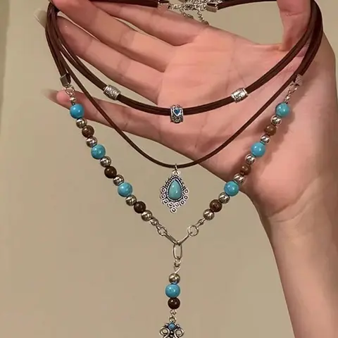 Vintage Multi-layer Leather Rope for Women, Ethnic Style Synthetic Turquoise Pendant Collarbone Chain, Bohemian Multifunctional Jewelry, Decorative Accessory Necklace