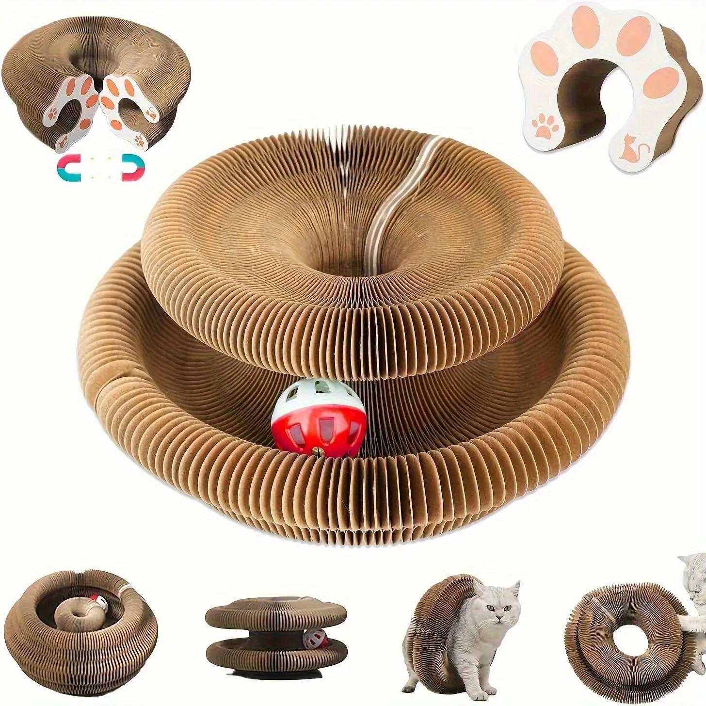 Magic Interactive Cat Scratcher Toy with Bell Ball Design, Foldable Venetian Blind Shape, Durable Cardboard, Indoor Cat Stress Relief