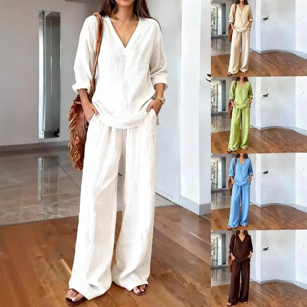 Women's Washed Cotton 2-Piece Set - Relaxed V-Neck Long Sleeve Pullover Top, High-Waisted Wide-Leg Pants, Lightweight Casual Resort Outfit, 2 Piece Sets, Women 2 Piece Sets