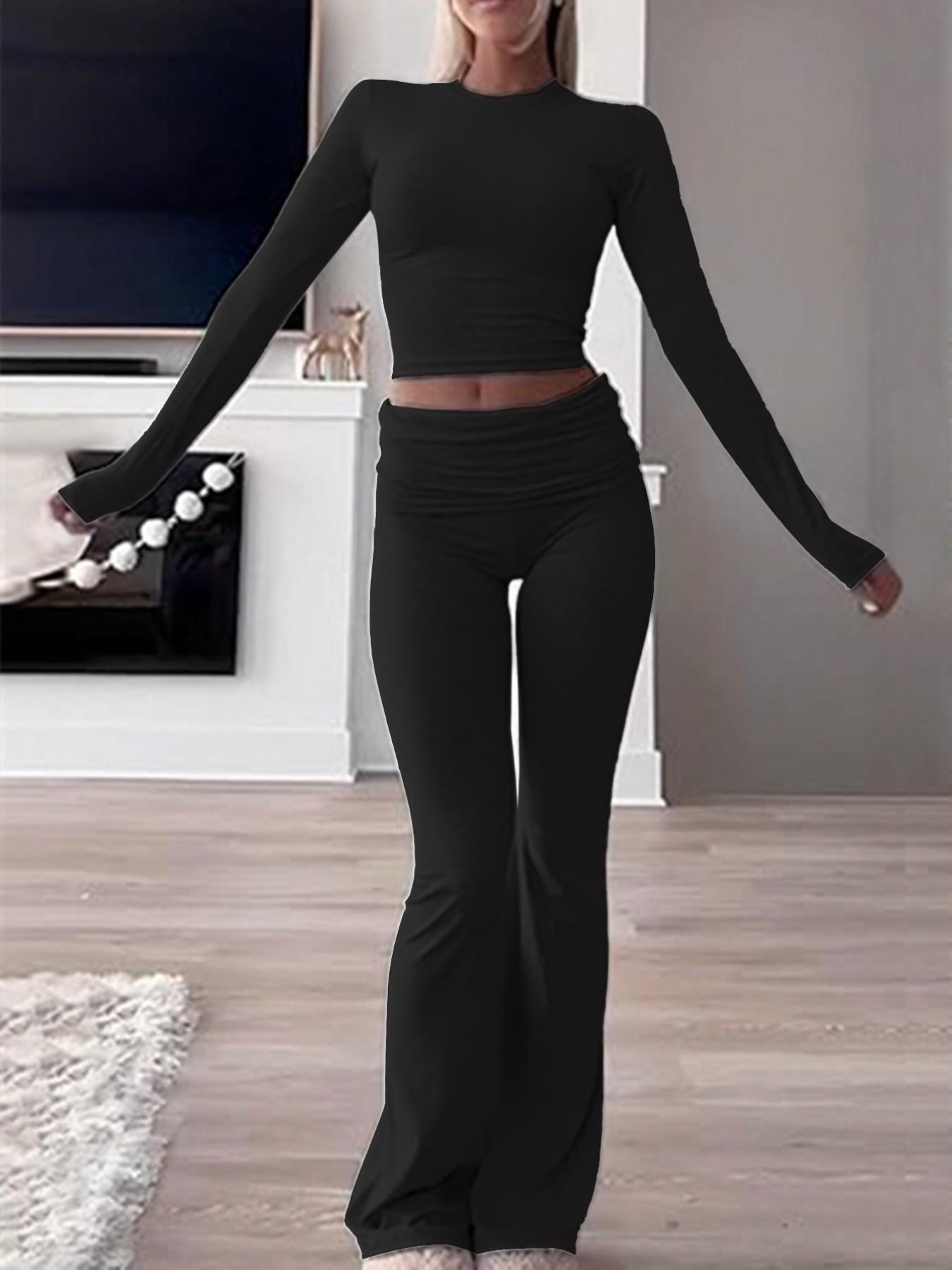 Women's 2 Piece, Foldover Flare Pants & Long Sleeve Crew Neck T-Shirt, Fitted Pajama Sets, Casual Comfortable Sleepwear