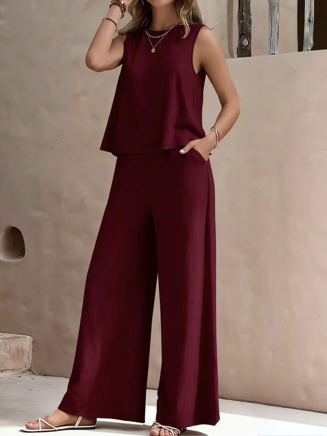 Elegant Two-Piece Set for Women, Womenswear Round Neck Vest & Wide-Leg Pants, Perfect for Casual Wear, Stylish for Daily Use