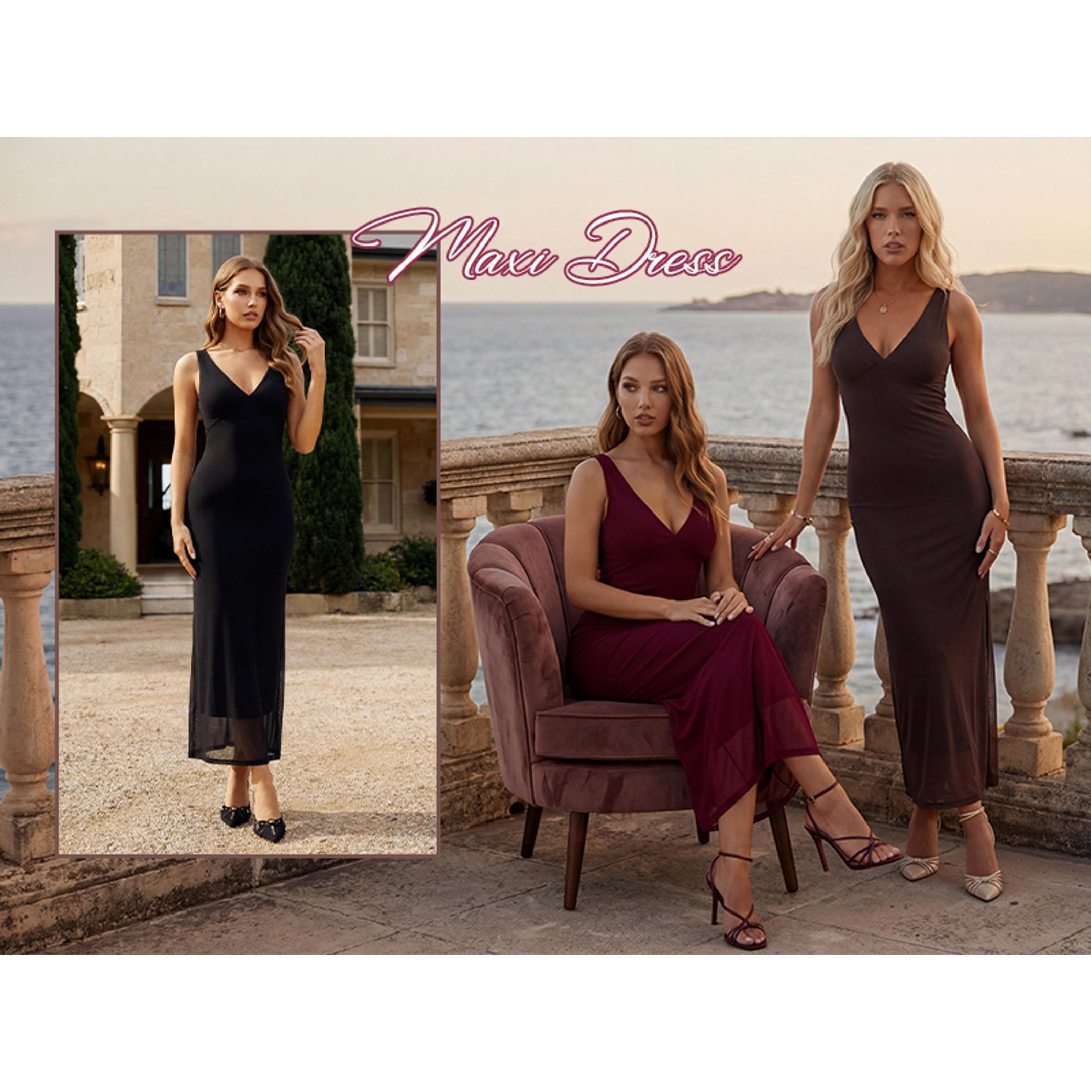 Women's Summer V-Neck Sleeveless Slim Mesh Bodycon Maxi Dress with Matching Shawl - Sexy Party Wedding Guest Womens Dress, Classy Sheer Flared Metallic Elegant Formal Evening Style (Pairs with Shoes)