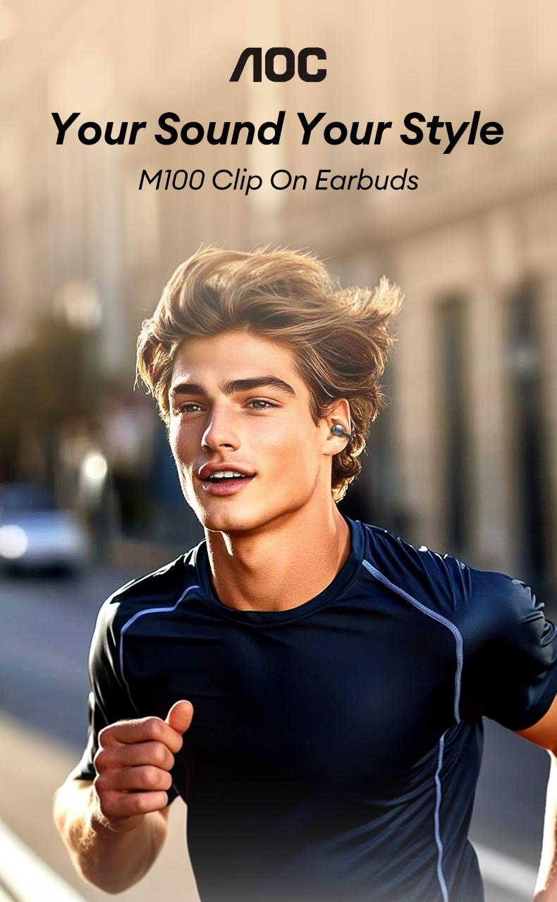 AOC M100 Clip-On Ear Headphones with Audio-Visual Touch Screen, Wireless Audio Headphones for Music & Phone Calls, Sport Waterproof & Sweatproof, with 2025 Bluetooth 6.0 for Faster, Stable Connection & Low Power Use