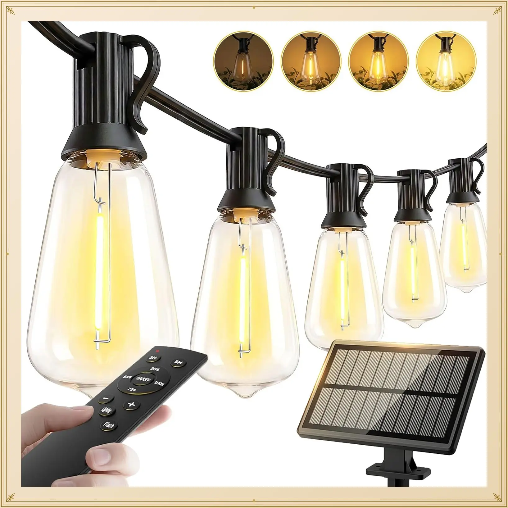 65ft Solar Powered Outdoor String Lights Waterproof with Remote, LED Edison Bulbs for Patio Backyard Camping Gazebo Pergola Balcony Cafe Party Fence DecorGift