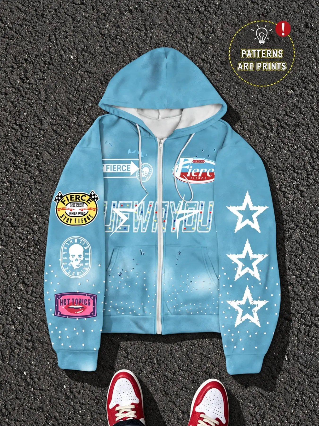 Unisex Retro Streetwear Zipper Hoodie, Tiktok Trendy Star Print Patch Loose Fleece Jacket, Men's & Women's Casual Outerwear, Vintage Graphic Hoodie