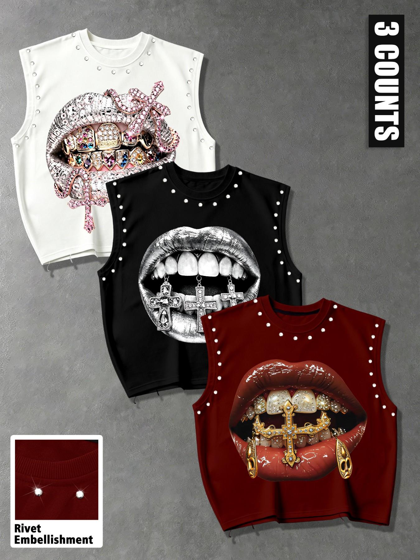 Summer Unisex Casual Vest Set, Cross Diamond Lip Print Sleeveless Top, Trendy Loose Fit, Street Style, Livehouse Party Wear, Streetwear