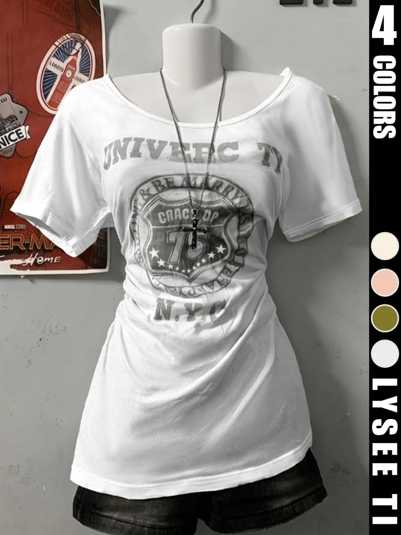 Fashionable Casual Women's Letter and Number Printed Loose Comfortable Round Neck T-Shirt, Ideal for Relaxed Daily